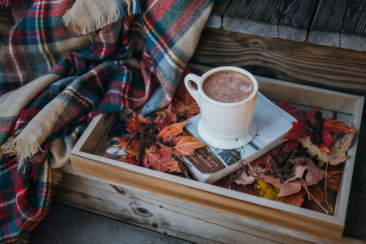 Cup of Coffee on top of a book outside during fall